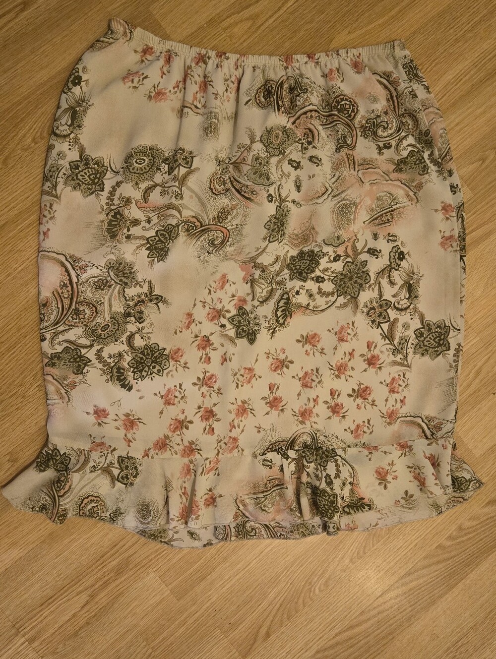 Vintage Floral Paisley Ruffle Hem Midi Skirt in Cream, Olive and Pink